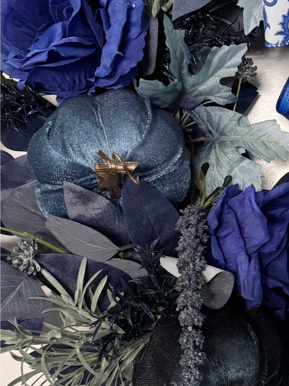 Blue Floral and Velvet Pumpkin Accent Wreath with Ribbon Bow and Amaranthus